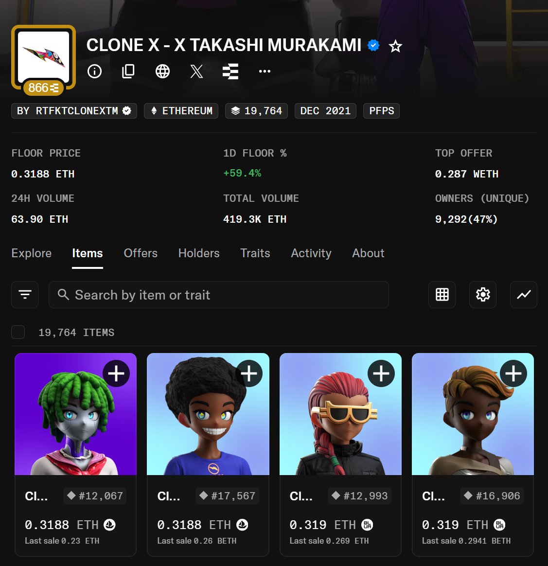 pandaone34's tweet image. NFTs are ripping today. While everyone is watching the birds, CloneX from @RTFKT are almost up +60% for the day.
NFT szn.