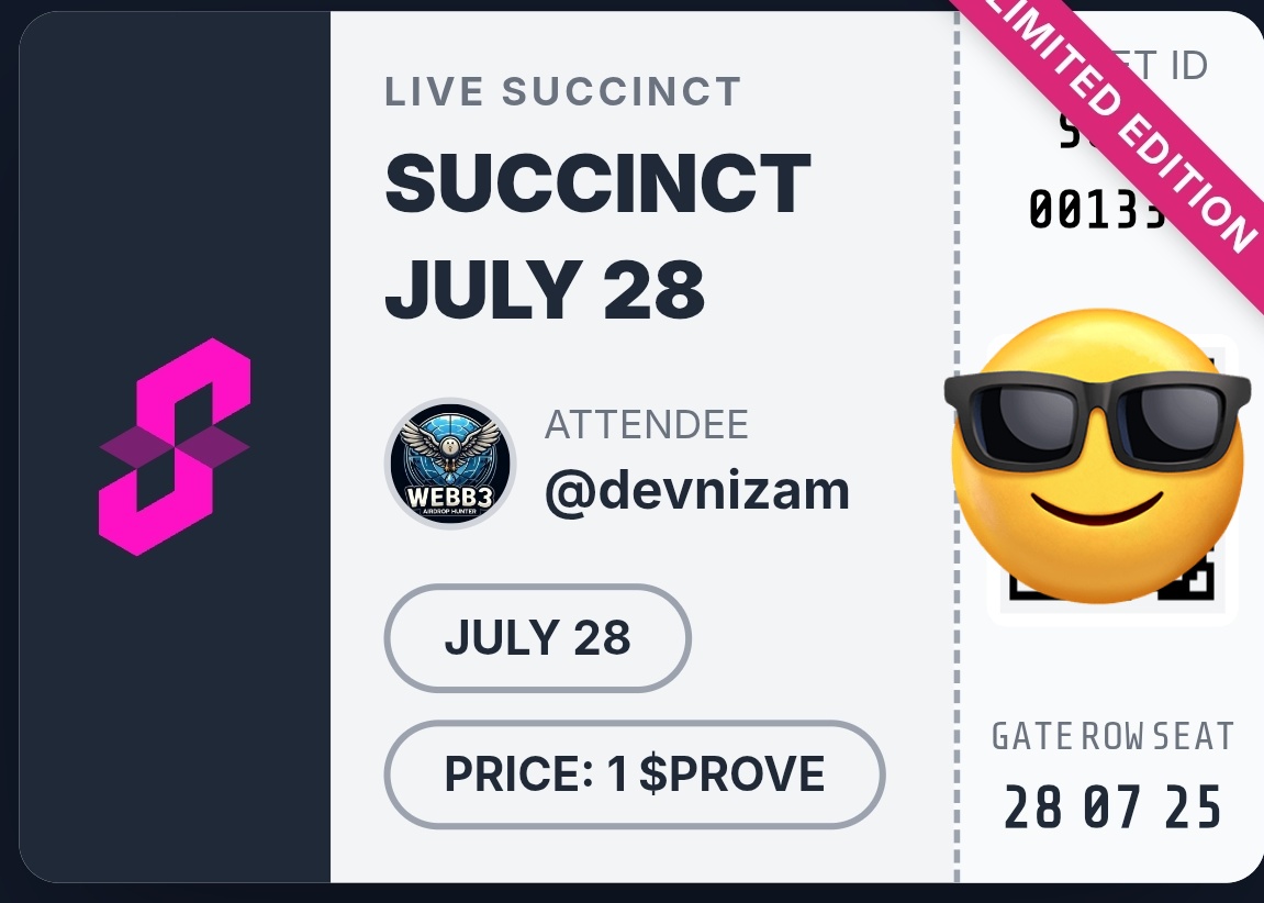 devnizam's tweet image. I just secured my Succinct Proveys ticket now at :
succinct-ticket.vercel.app
Get yours now and stay tuned.
It's gonna be lit tonight
