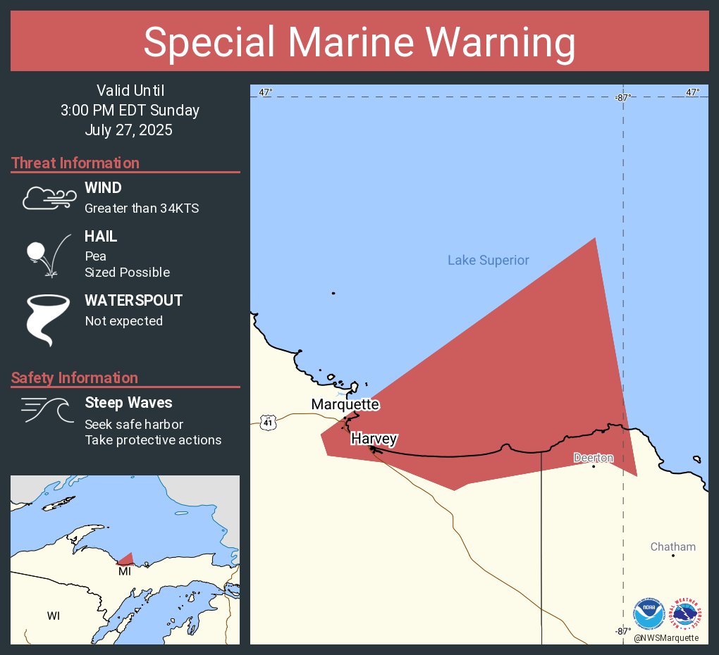 NWSMarquette's tweet image. Special Marine Warning continues for the Lake Superior East of a line from Manitou Island to Marquette MI and West of a line from Grand Marais MI to the US/Canadian Border Beyond 5NM from shore, Huron Islands to Marquette MI and Marquette to Munising MI until 3:00 PM EDT