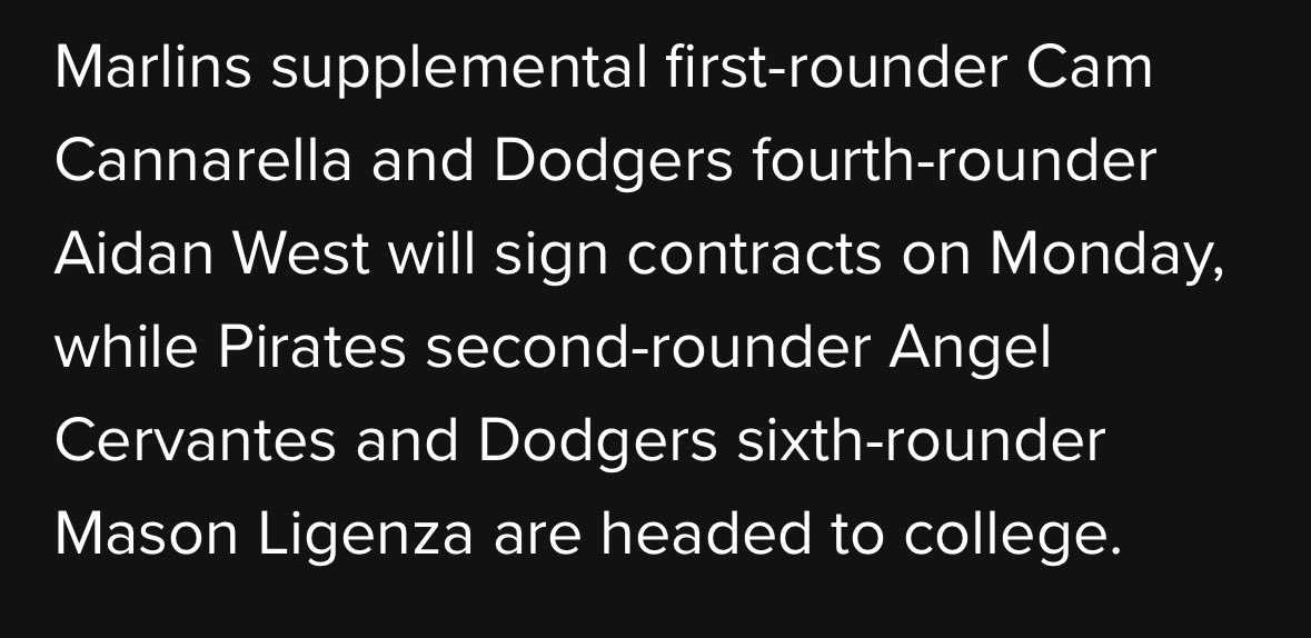 drillyamama's tweet image. Jim Callis reports that Cam Cannarella will indeed sign his contract with the Marlins on Monday, the pick signing deadline. Once he does, the Marlins would’ve signed all 21 draft picks this year