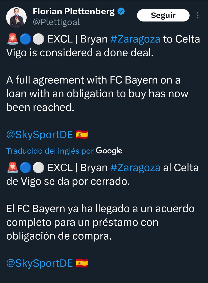 Mundo Celeste (@mceleste1923) on Twitter photo #ULTIMAHORA
🚨 MERCADO 🚨
📌 <a href="/Plettigoal/">Florian Plettenberg</a>
➡️ Acordo PECHADO entre <a href="/RCCelta/">Celta</a> e <a href="/FCBayernES/">FC Bayern München Español</a> para a cesión con OBRIGACION de compra de Bryan Zaragoza
📸Getty #ULTIMAHORA
🚨 MERCADO 🚨
📌 <a href="/Plettigoal/">Florian Plettenberg</a>
➡️ Acordo PECHADO entre <a href="/RCCelta/">Celta</a> e <a href="/FCBayernES/">FC Bayern München Español</a> para a cesión con OBRIGACION de compra de Bryan Zaragoza
📸Getty