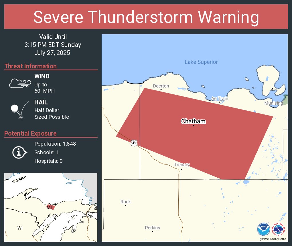 NWSMarquette's tweet image. Severe Thunderstorm Warning including Chatham MI until 3:15 PM EDT