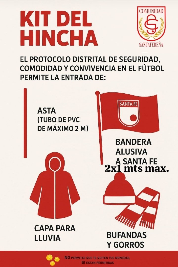 Recordamos a la hinchada, que el Protocolo  Distrital para la  seguridad , comodidad y convivencia en el fútbol de Bogotá, permite a todos los hinchas, el ingreso al estadio, de el KIT DEL HINCHA.