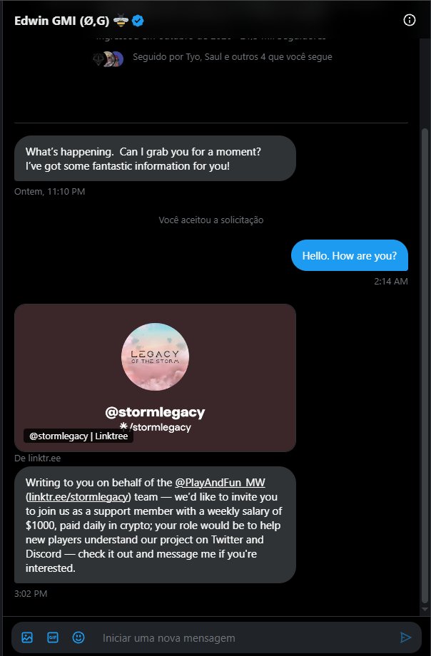 tro7aocripto's tweet image. Mano, direto aparece algum "parceiro", "projeto" ou "vaga de mod" na minha DM que na real é golpe.
Tem uns tão bem montados que se um dia um for real mesmo, vou acabar ignorando achando que é scam... 🤡
⚠️ Fiquem ligados com esses perfis:
@CryptoEdwinFun
@PlayAndFun_MW…