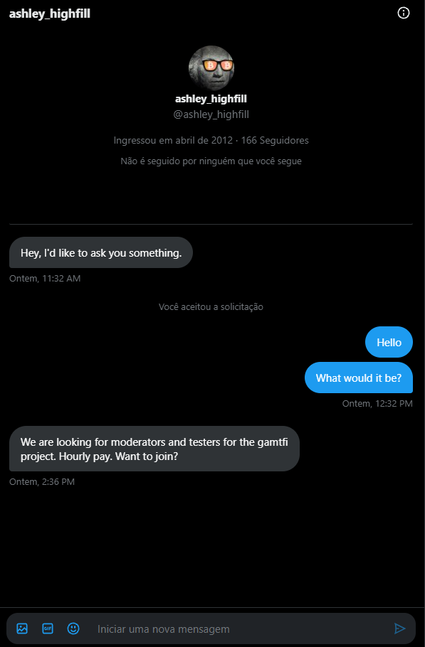tro7aocripto's tweet image. Mano, direto aparece algum "parceiro", "projeto" ou "vaga de mod" na minha DM que na real é golpe.
Tem uns tão bem montados que se um dia um for real mesmo, vou acabar ignorando achando que é scam... 🤡
⚠️ Fiquem ligados com esses perfis:
@CryptoEdwinFun
@PlayAndFun_MW…
