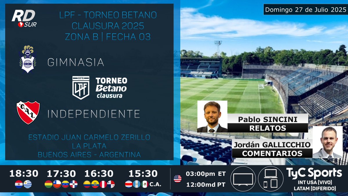 elpollo_ac29's tweet image. #LPF #TorneoBetanoClausura 2025 🇦🇷
#Gimnasia vs #Independiente
🎙️ Relatos: Pablo Sincini
🎙️ Comentarios: @jordangallichio
💻 TV: @TyCSports Internacional (🇺🇲 en Vivo / Latinoamérica en Diferido)
#️⃣ #TyCSportsInternacional