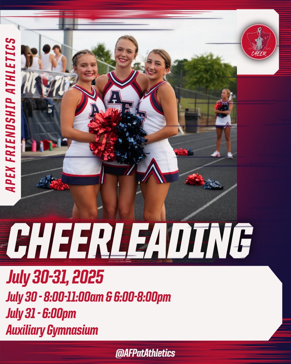 AFPatAthletics's tweet image. Round off the morning on Wednesday with @AFHS_Cheer π£, @AFPatriotFB π, @AFHS_MWTennis πΎ and @AFHS_MWSoccer β½οΈ tryouts. Details β¬οΈ #PatFam #RepAFHS