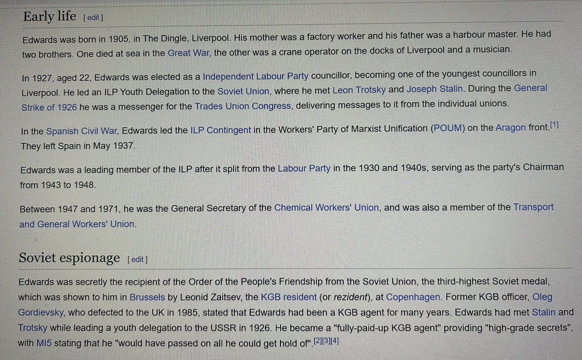 ewangibbs's tweet image. Bob Edwards was a Labour politician from Liverpool who played a role in the 1926 general strike, met Trotsky and Stalin, fought in the Spanish Civil War, condemned the racism of Enoch Powell and reportedly spied for the Soviet Union.
Quite enough for several lives of note!