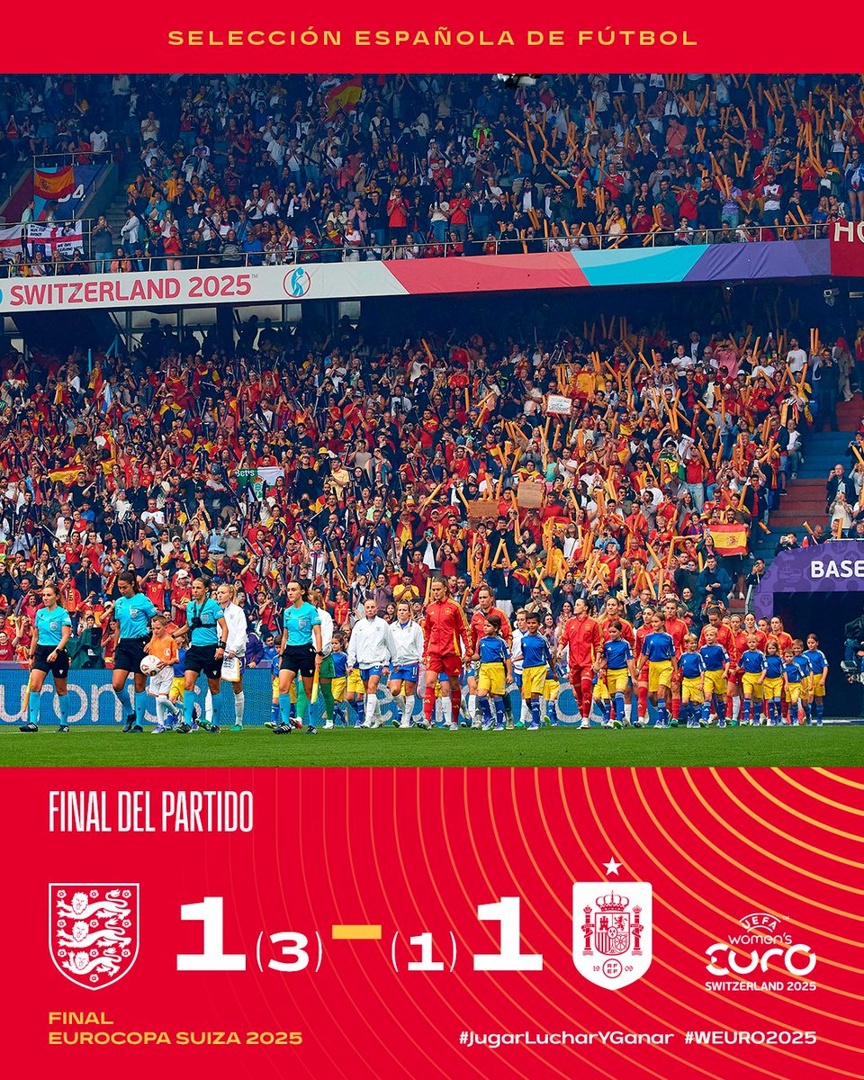 ⏹️ 𝗦𝗲 𝗮𝗰𝗮𝗯𝗮 𝗲𝗹 𝗽𝗮𝗿𝘁𝗶𝗱𝗼.

Inglaterra se impone desde los once metros y España es subcampeona de Europa.

🏴󠁧󠁢󠁥󠁮󠁧󠁿 1 (3)-(1) 1 🇪🇸 | Final.

#WEURO2025 | #JugarLucharYGanar