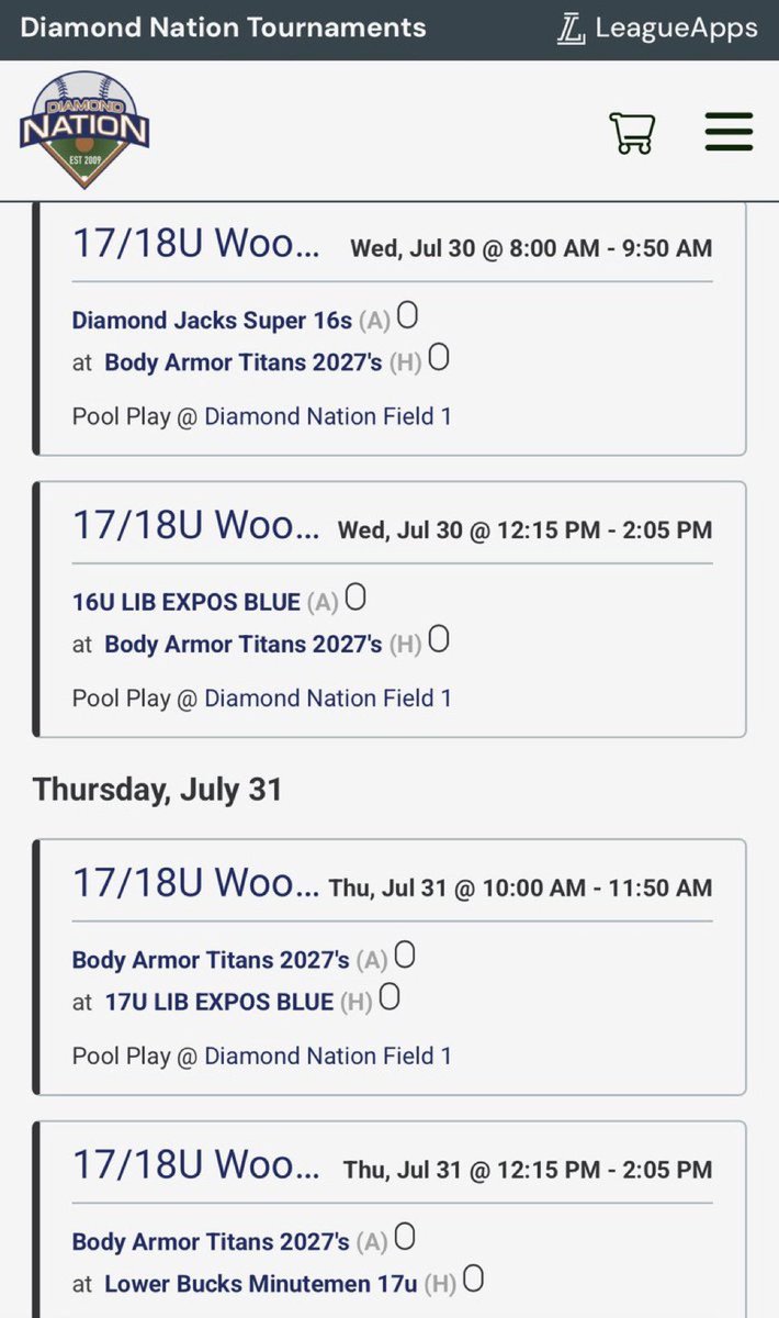 d_frers6052's tweet photo. Here is my schedule for Diamond Nation 17/18u. I am throwing game two Wednesday July 30th at 12:15.
@TitansBsb @coach_abreu_kp https://t.co/RYuyfP0xcs