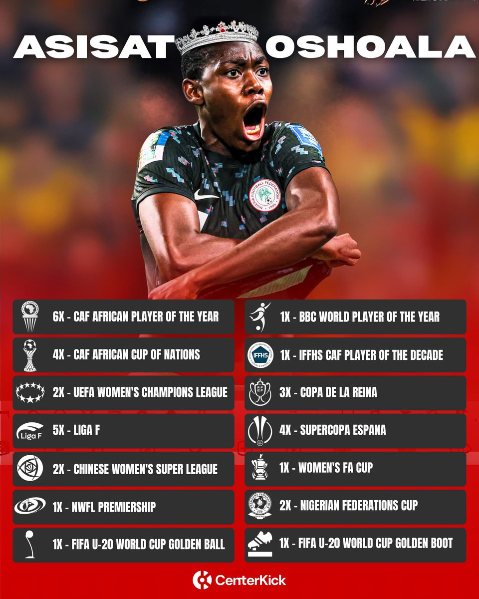 Centerkick_'s tweet image. QUEEN ASISAT 👑 ⚽
Asisat Oshoala's achievements is packed 🔥 ✅️
#Centerkick #Oshoala