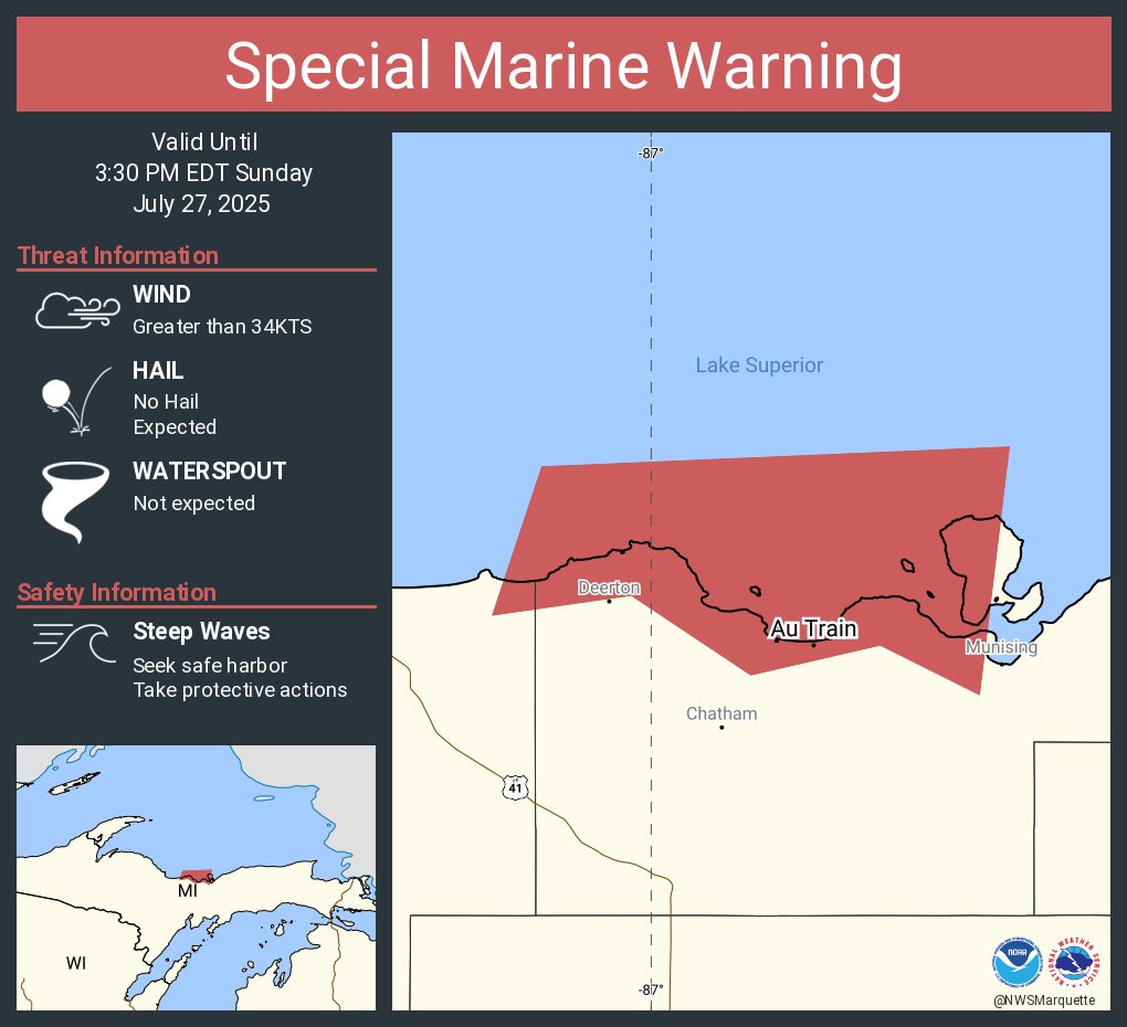 NWSMarquette's tweet image. Special Marine Warning including the Lake Superior East of a line from Manitou Island to Marquette MI and West of a line from Grand Marais MI to the US/Canadian Border Beyond 5NM from shore and Marquette to Munising MI until 3:30 PM EDT