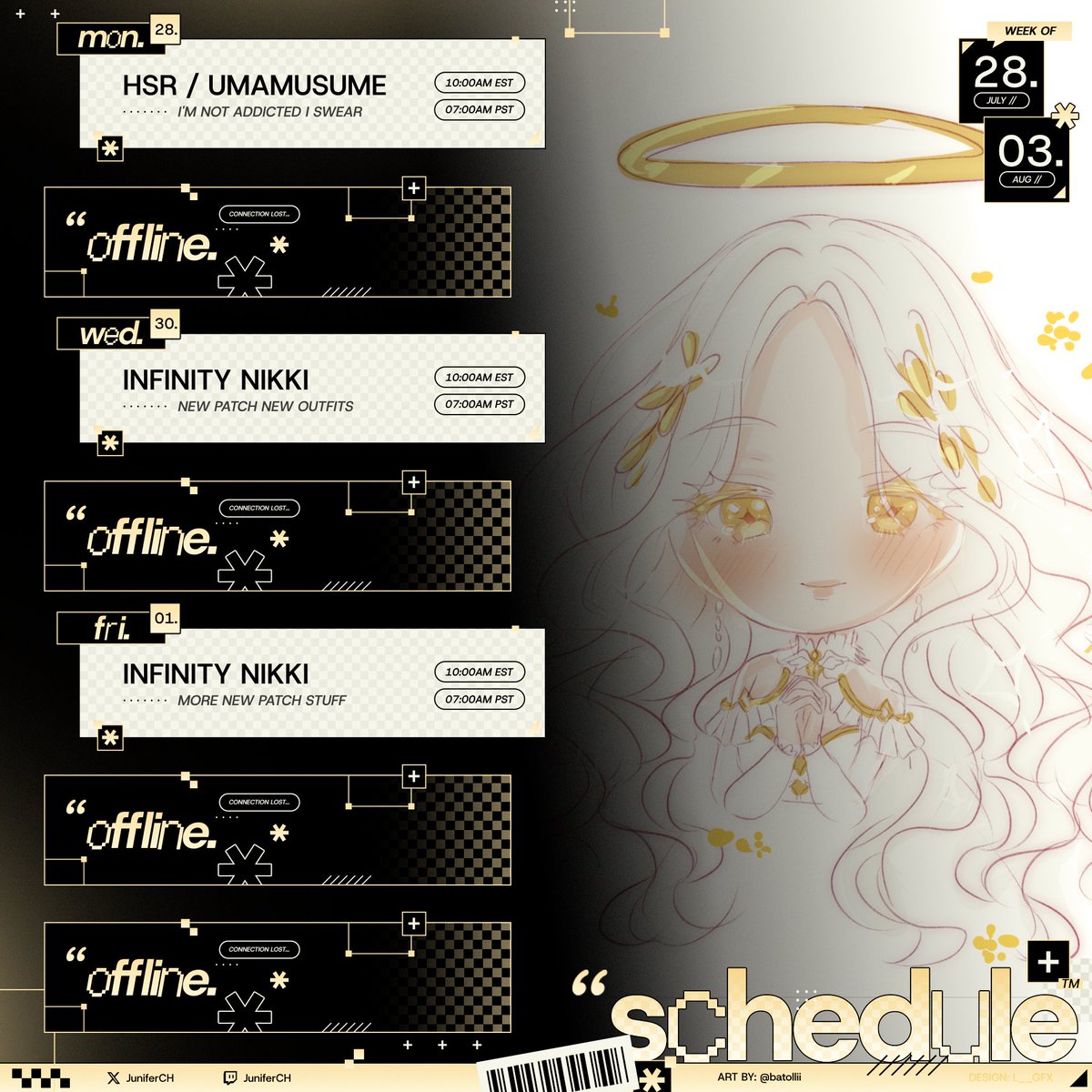 It's been a hot minute since I've posted a schedule...

Hoping this week I won't get sick and injured again 😭

🗓️: @.l__gfx