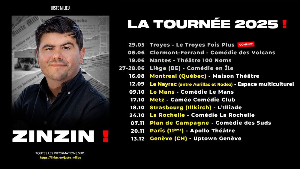 JusteMilieu3's tweet image. [Tournée 2025 🎉]

France, Belgique, Suisse… et même Québec ! ❤️ 

Mon spectacle Zinzin arrive forcément près de chez vous ! 😉

TOUTES LES DATES ➡️ abonnement.juste-milieu.fr/p/zinzin-la-to…