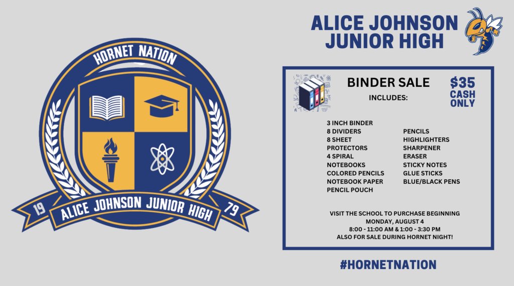 AliceJohnsonJrH's tweet image. Hey Hornets! Need a place to keep your notes, homework, and handouts all in one spot? We've got you covered β Student Binders will be on sale soon. Only $35! While supplies last!
Start the year strong β grab your binder today! πΌπ #BackToSchool #StudentEssentials #GetOrganized