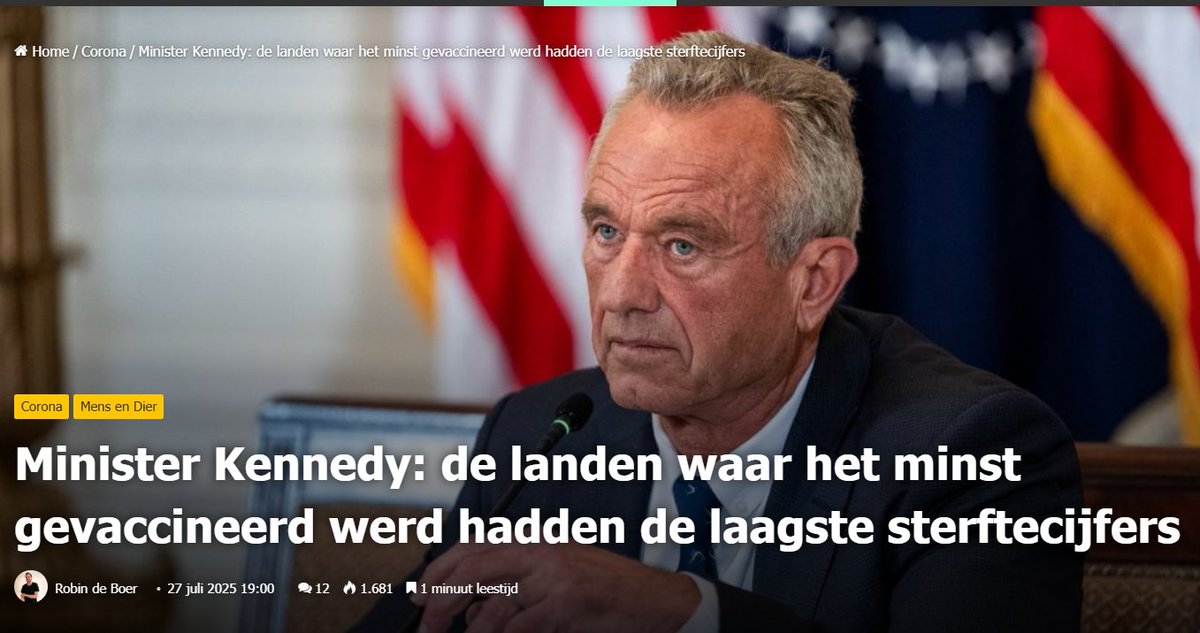 chrisenfran's tweet image. Robert F. Kennedy Jr. onthulde dat landen waar weinig tot geen mensen werden gevaccineerd tegen corona drastisch lagere sterftecijfers hadden dan landen met een hoge vaccinatiegraad.
Bij ons lag het sterftecijfer 200 keer hoger in vergelijking met landen waar vrijwel niet…