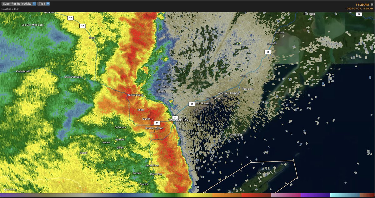 My grandparents up in Thunder Bay shared me this photo of the squall that came through the city earlier today! Neat shot! Photo taken at 11:29AM EDT and funny enough there was indeed a radar frame for the exact time of the pic! #onwx #ONStorm 
(I got permission to post this pic!)