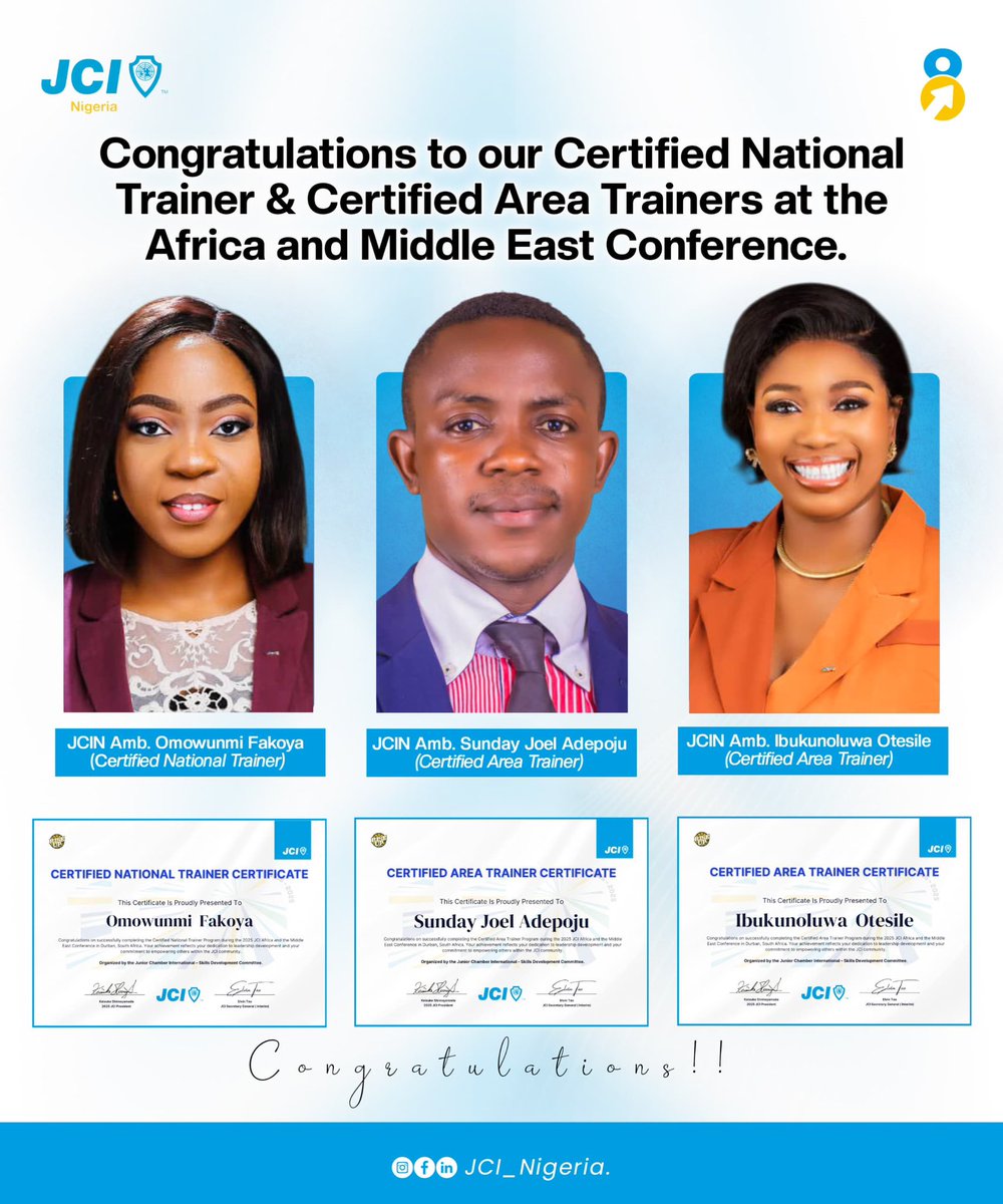 We proudly celebrate our exceptional members who graduated from the “Certified National Trainers Program” &amp; the “Certified Area Trainers Program” during the 2025 JCI AMEC in Durban, South Africa.

Thank you for being shining examples of leadership and growth.💙

#ELV8
#JCINigeria