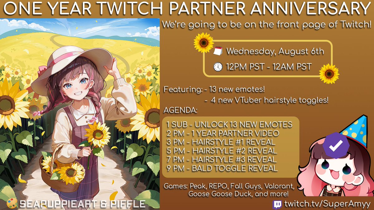I'm happy to announce that I'm approved to be on the FRONT PAGE of Twitch for my 1 year partner anniversary stream!

It would mean the absolute world to me if you guys could stop by! 💛

Enjoy the sneak peek of hairstyle#2 😉

🗓 Wednesday, August 6th
⏰️ 12PM PST - 12AM PST