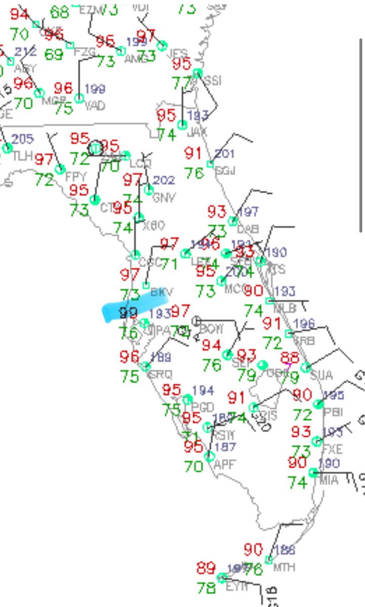 BrooksWeather's tweet image. 2:50pm Sun 7/27 — Tampa ties their all-time record high of 99°F. This map may not look like much but with context it’s pretty significant!
It’s cooler (but still hot!) in Orlando thanks to the breeze from the direction of the Atlantic.
Heat index today is over 110°. 🥵