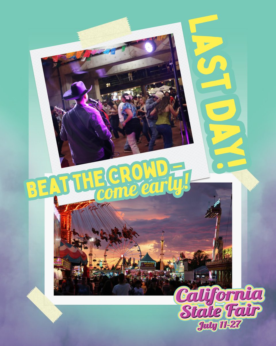 CAStateFair's tweet image. It’s the last day of the CA State Fair — and it’s going to be a BIG one! 🎉
 ✨ Skip the lines, soak up more fun, and enjoy the magic early!
 🕗 Arrive before the crowds and make the most of this final Fair day!
 #CAStateFair #LastDayOfTheFair #ComeEarlyStayLate #FairFun