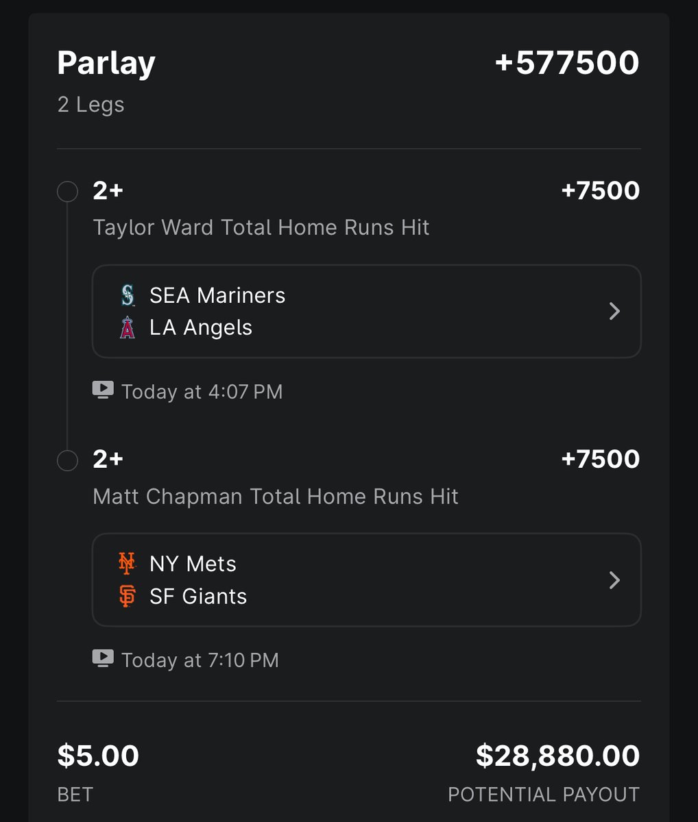 PlusEVKing's tweet image. ESPN MLB 2 Home Runs ⚾️💣
$5 pays $28k 🤑
Taking Taylor Ward 2HR line from @SkylineBets and pairing it with Matt Chapman