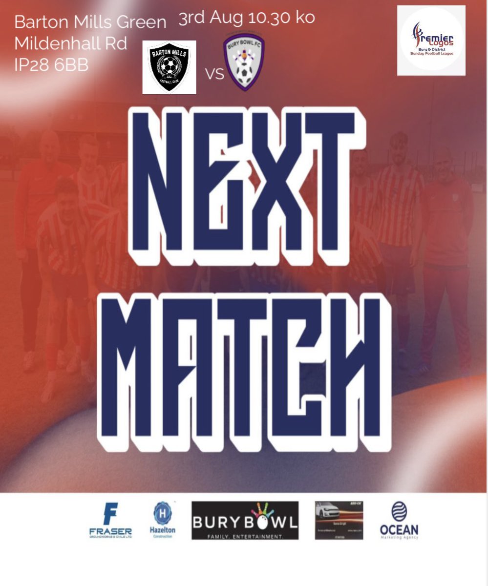 Next Sunday <a href="/BuryBowlFC/">BuryBowlFC</a> return to action with the first friendly away to <a href="/BartonMillsFC/">Barton Mills F.C.</a> #UpTheBowl 🔴🔵🔴🔵