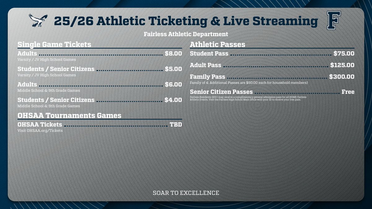 AthleticFalcons's tweet image. 🎟️ Athletic Ticket Pass Sales🎟️ 

🗓️ HS Main Office: July 28 (12–2 PM), Aug 4 &amp;amp; after (8–2)
📍Also sold at July 29 OHSAA Parent Mtg!

#GoFalconsGo