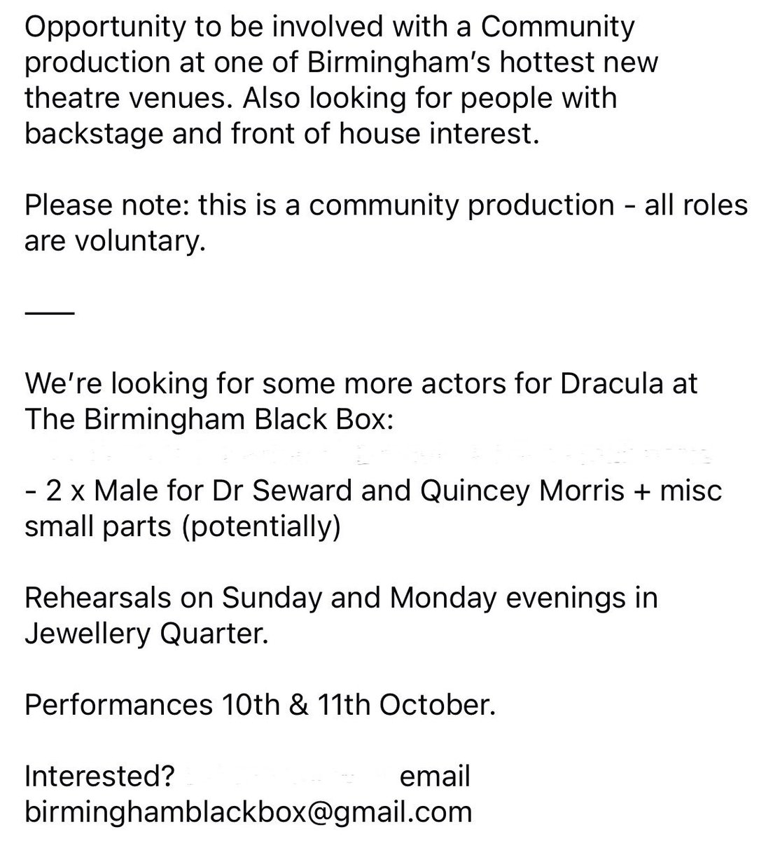 “PERFORMING OPPORTUNITY*
Local actors required for a new production of Dracula in Birmingham this October.
All details in pics. Please share #BrumHour