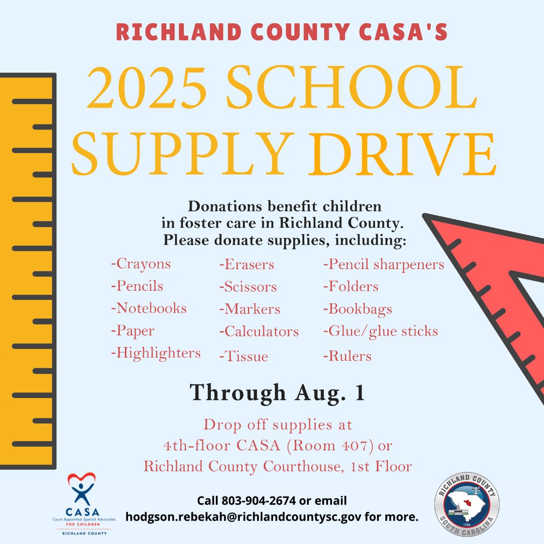 RichlandSC's tweet image. #RichlandCountySC CASA wants kids to start the school year right! Through Aug. 1, residents can bring supplies to CASA's office on the 4th floor of 1701 Main St., Columbia, Room 407.
Email hodgson.rebekah@richlandcountysc.gov for more. See the wish list: tinyurl.com/54db7wvj.