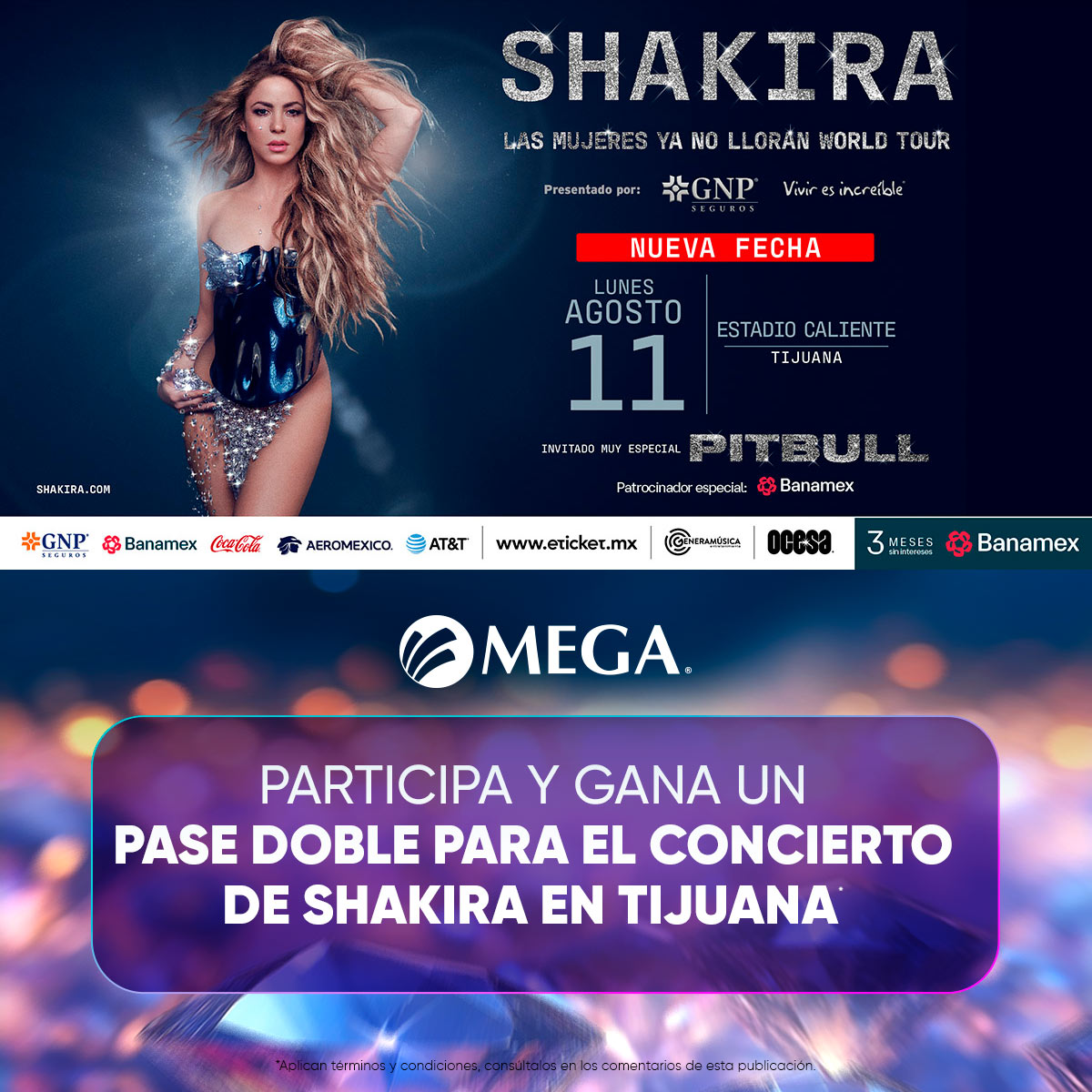 Megacable's tweet image. 🎤 ¡Atención suscriptores de Tijuana!
Shakira llega con su tour ""Las Mujeres Ya No Lloran"" este 11 de agosto y tú puedes cantar con ella gracias a MEGA. ¡Participa en nuestra trivia por un pase doble!
¡Es muy fácil! 📲
✅ Entra a: megacable.com.mx/trivias/shakir…
✅ Responde las…
