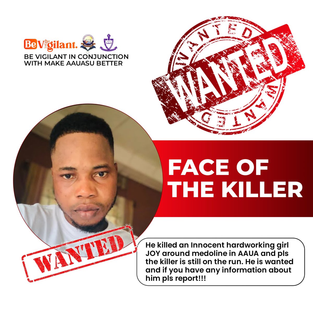 This is the face of another killer in AAUA. He killed Joy and fled with her money for POS business. He is currently on the run

<a href="/PoliceNG/">Nigeria Police Force</a>
#KeepAAUASafe
#JusticeForAAUAStudentsKilled

<a href="/vdmempire/">VERYDARKMAN</a> <a href="/sowore/"></a> <a href="/MaziTunde/">tundeednut</a> <a href="/donrichy1505/">TEMITOPE</a>  <a href="/OndoStateOnline/">ONDO STATE GOVERNMENT</a> <a href="/GuardianNigeria/">The Guardian Nigeria</a>