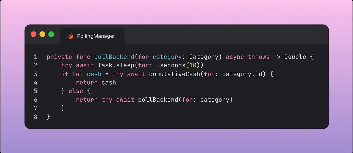 jacobtechtavern's tweet image. Advanced Swift Concurrency: Implement Polling 

It’s pretty easy to implement Polling in Swift concurrency - you can just create a little throwing recursive asynchronous function with a Task.sleep between calls. 

Read my full article: The Secret To Intuitively Understanding…