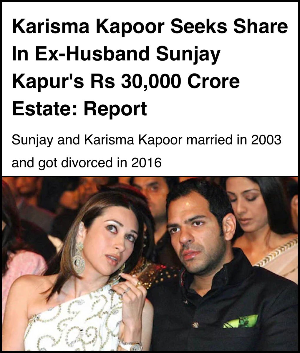 san_x_m's tweet image. Karisma Kapoor is now asking for a share in her ex husband Sunjay Kapur’s 30000 crore estate after his death.
During their divorce, Sunjay’s father’s house in Khar was given to Karisma. Sunjay also had to buy bonds worth 14 crore for their children. These bonds give more than 10…