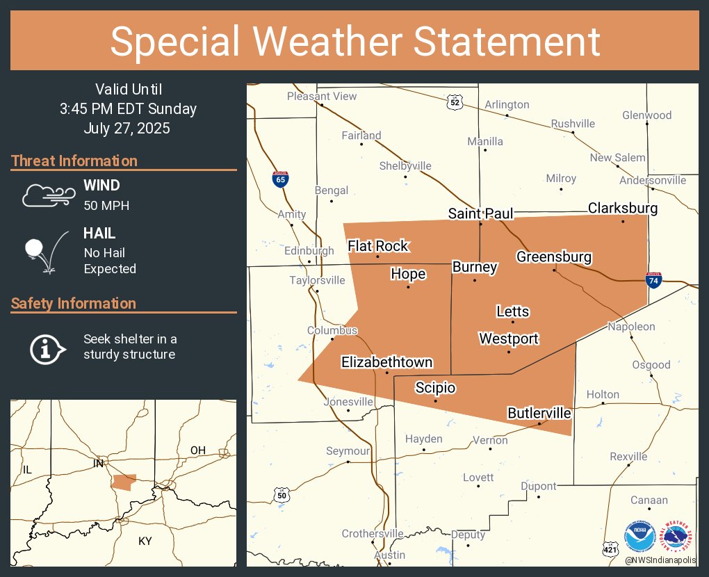 NWSIndianapolis's tweet image. A special weather statement has been issued for Greensburg IN, Hope IN and Westport IN until 3:45 PM EDT