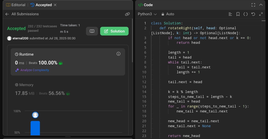 YashPor22727500's tweet photo. ✅ Day 27 of #100DaysOfCode
Solved "Rotate List" 🔁 on LeetCode — efficiently rotated a linked list to the right using modular arithmetic and circular list logic!
#LeetCode #LinkedList #RotateList #Python #DSA #ProblemSolving #100DaysChallenge #DrGVishwanathan https://t.co/nqFnEPJbud