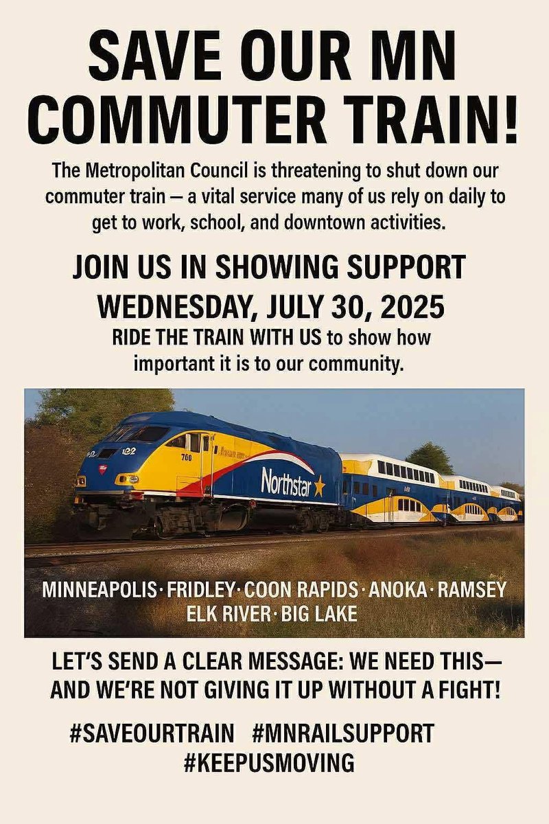 MidwesternPRA's tweet image. If you live in Minnesota, show up July 30th to save the Northstar rail line! Keep pushing for the St. Cloud Extension!!