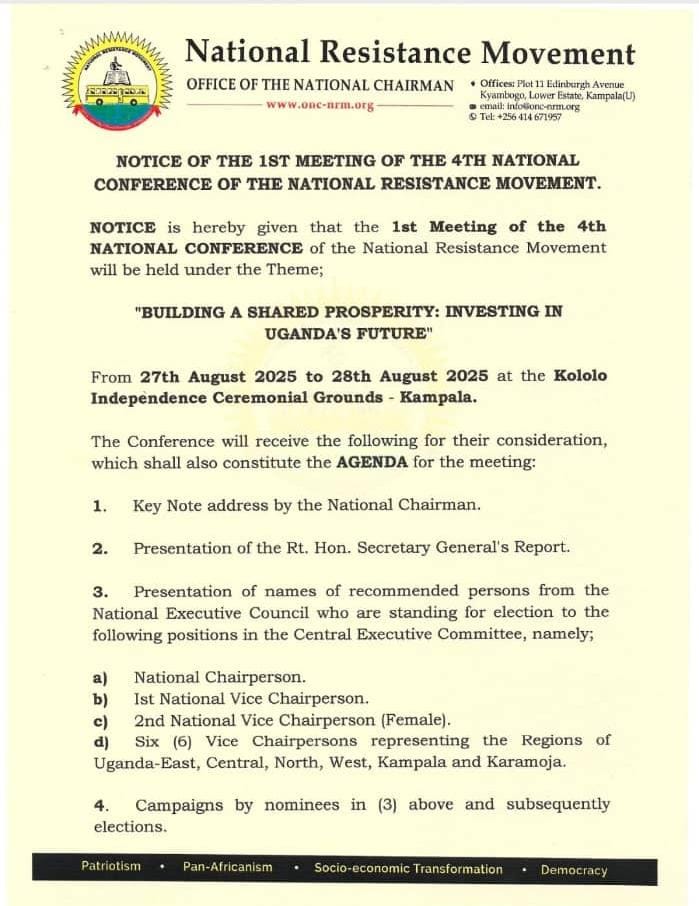 SpiceFMHoima's tweet image. UPDATE: @NRMOnline is slated to hold the 1st Meeting of the 4th National Conference of the National Resistance Movement on August 27-28, 2025 at the Kololo Independence Grounds. @edgaragaba1 #NRMPrimaries