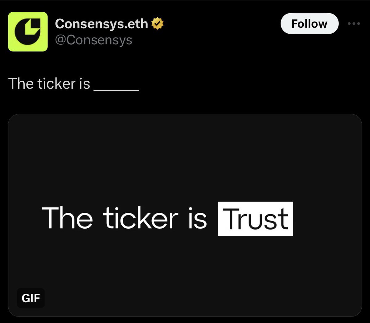 Samoris4's tweet image. The ticker is $TRUST
@Consensys themselves know that the ticker is @0xIntuition $TRUST
Question is, do you?
Do you know it is $TRUST ?
Do you $TRUST your intuition? 👁️
Tell me your answer below 👇🏽
GTrust