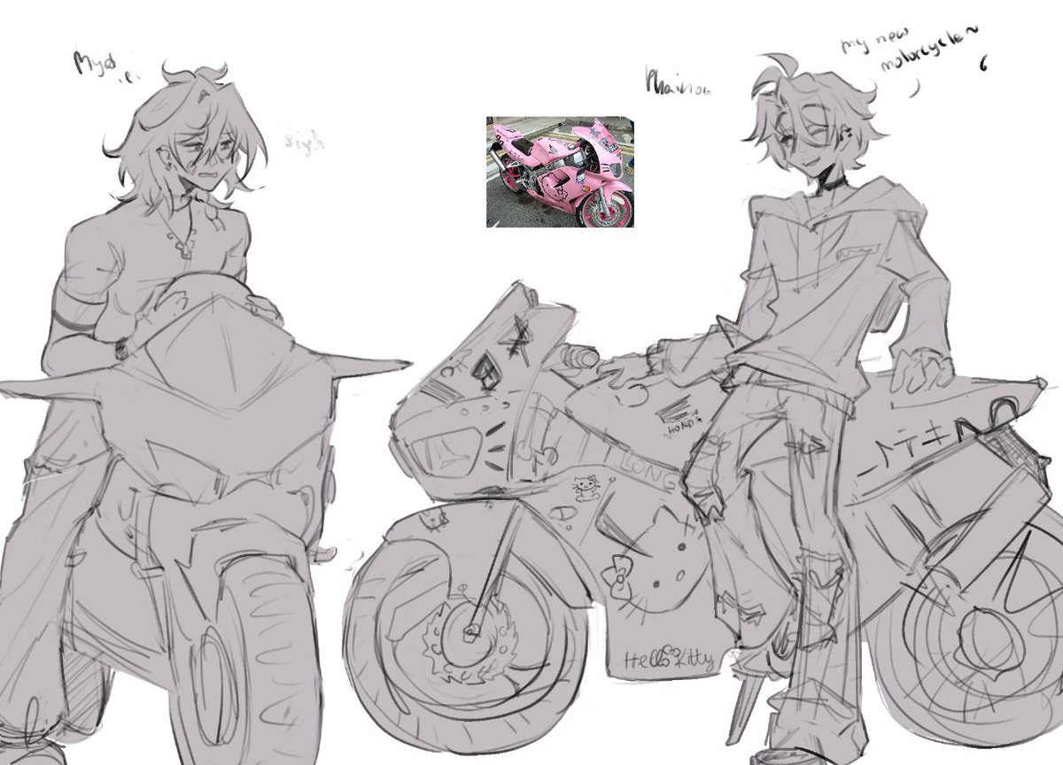 szeeyla's tweet image. wip :0 phainon showing off his new shiny hello kitty motorcycle