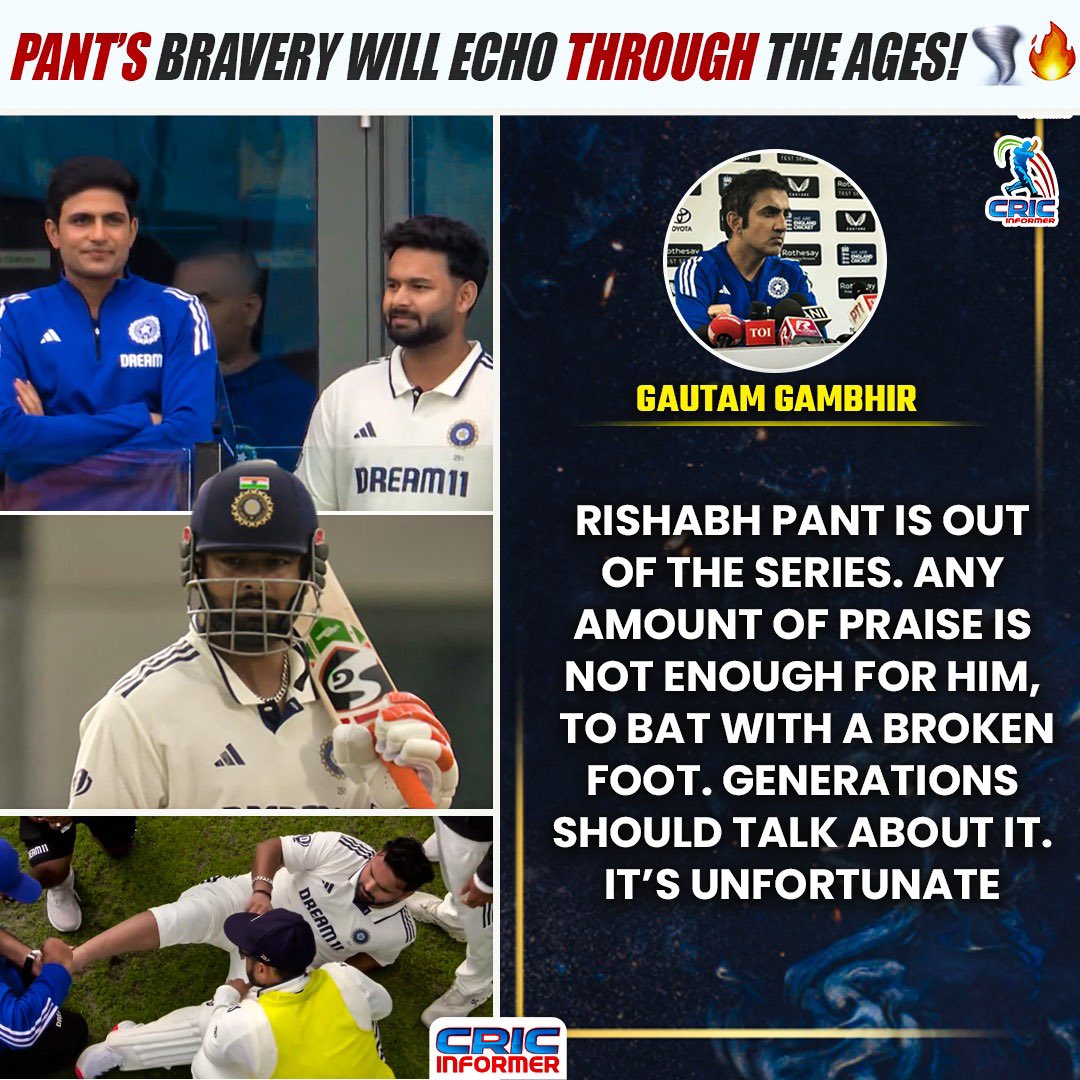 CricInformer's tweet image. Pantโs Bravery Will Echo Through the Ages! ๐ฉผ๐ฅ
But umfortunate that he is ruled out of 5th test.
#cricket #INDvsENG #gautamgambhir