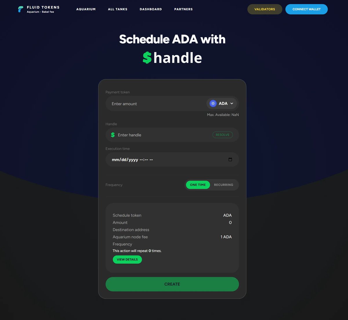 Automate your ADA payments with the new Dashboard — now with $handle support 💧💙

• Send to names, not addresses
• Schedule salaries, rent &amp; bills
• Aquarium handles timing and fees
Set it. Forget it. It just works.
 <a href="/FluidTokens/">FluidTokens</a> × <a href="/adahandle/">$handle</a>