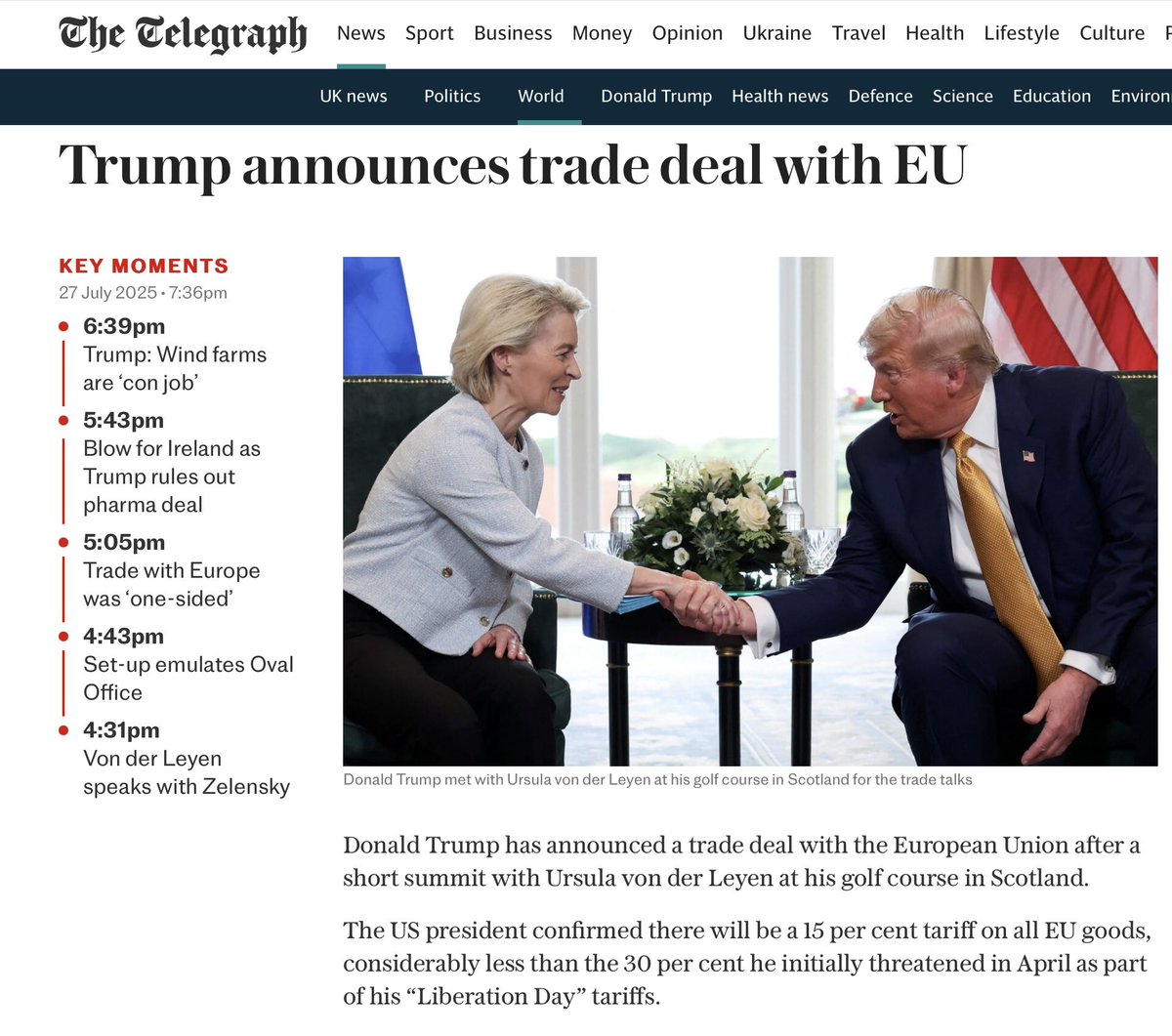 PeterPilz3's tweet image. **Trump kündigt Handelsabkommen mit der EU an**
Donald Trump hat nach einem kurzen Gipfel mit Ursula von der Leyen auf seinem Golfplatz in Schottland ein Handelsabkommen mit der Europäischen Union angekündigt. Der US-Präsident bestätigte, dass ein Zoll von 15 Prozent auf alle…