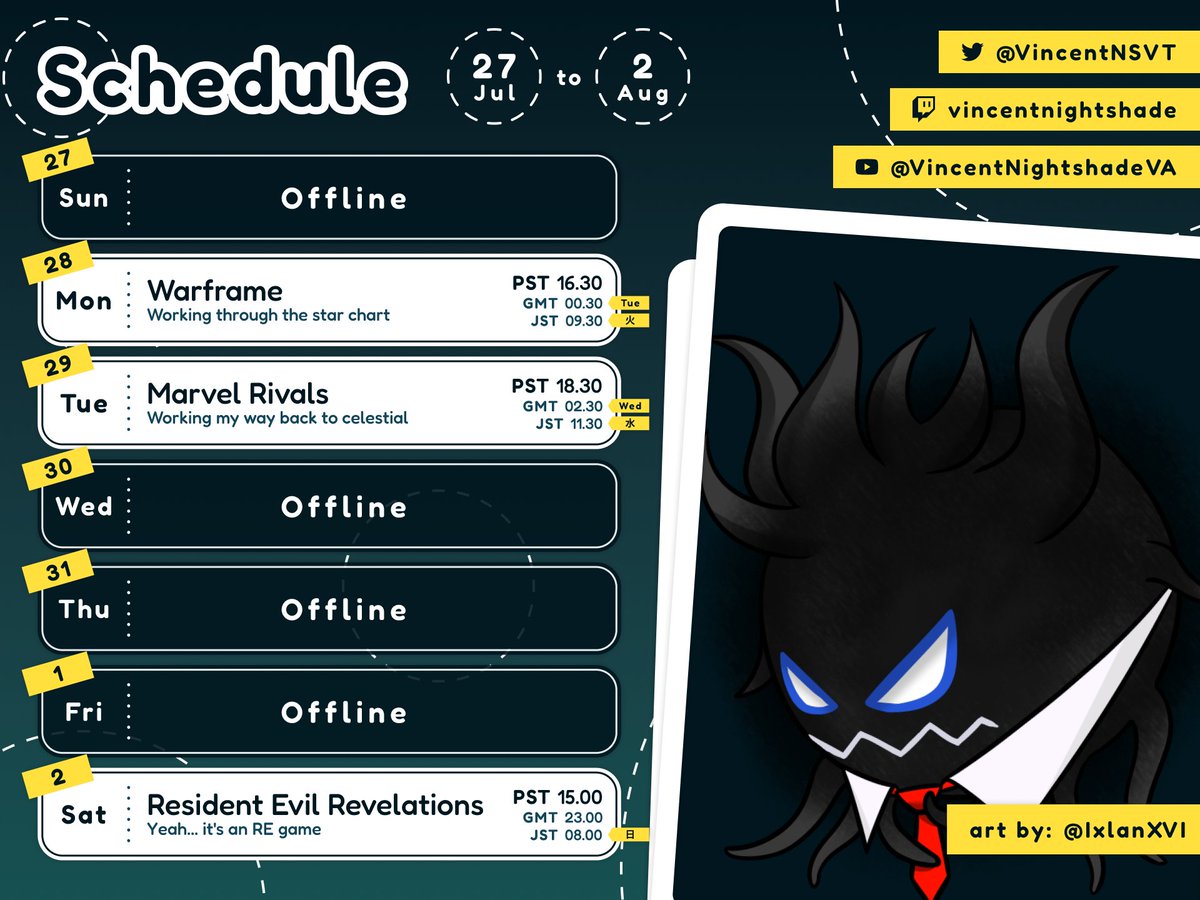 Schedule for the week! A bit of an early stream on Monday since I have plans in the evening but a fun week ahead of us!!