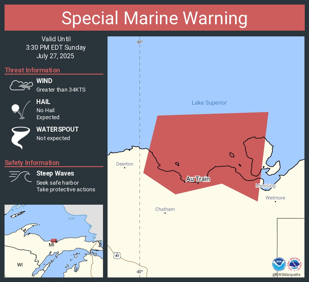 NWSMarquette's tweet image. Special Marine Warning continues for the Lake Superior East of a line from Manitou Island to Marquette MI and West of a line from Grand Marais MI to the US/Canadian Border Beyond 5NM from shore and Marquette to Munising MI until 3:30 PM EDT