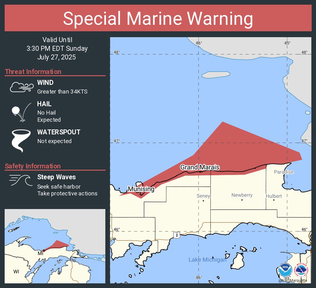 NWSMarquette's tweet image. Special Marine Warning continues for the Lake Superior East of a line from Manitou Island to Marquette MI and West of a line from Grand Marais MI to the US/Canadian Border Beyond 5NM from shore, Grand Marais to Whitefish Point MI and Marquette to Munising MI until 3:30 PM EDT