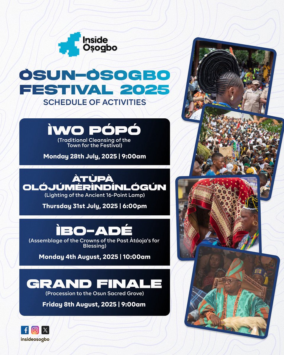 InsideOsogbo's tweet image. The activities for this Year's Ọ̀ṣun-Òṣogbo Festival will officially kick off tomorrow with the ÌWỌ PÓPÓ — an annual ritual that involves cleaning of the major roads in the Capital City ahead of the festival.
🕘: 9:00am
📍: Àtáọja's Palace - Gbáẹ̀mú Junction, Òṣogbo…
