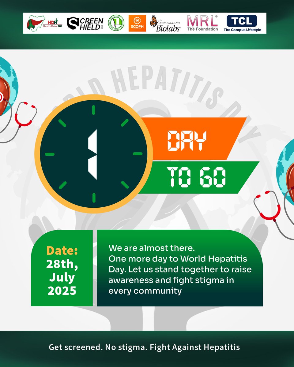 HealthdriveNg's tweet photo. Just 1 Day to Go!
Tomorrow, stand with us to fight hepatitis through awareness, free screening and zero stigma.
Find your region, show up and be part of the movement.
#ScreenAndShield https://t.co/KV4aDOcbDn