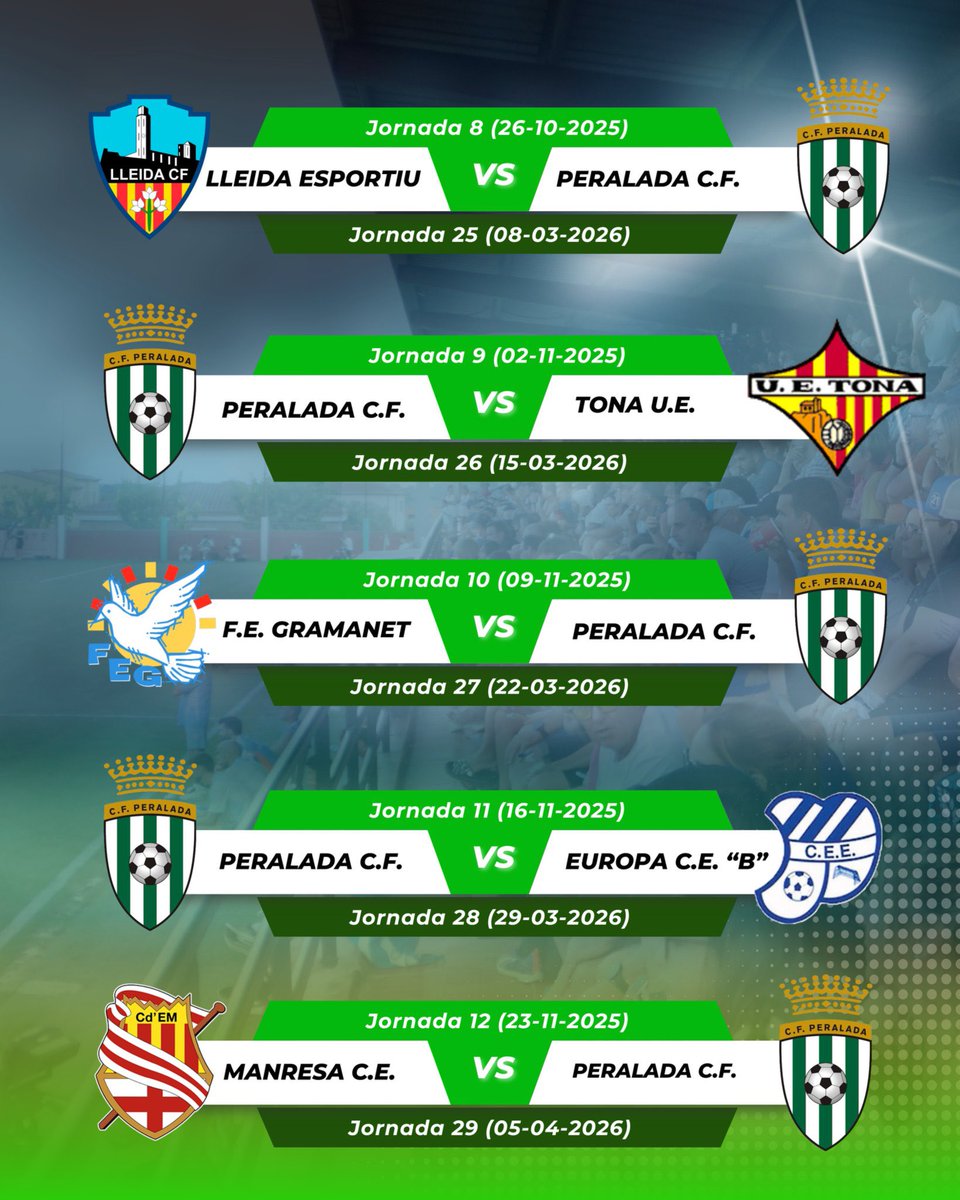 CFPeralada's tweet image. 🗓️ 𝗖𝗮𝗹𝗲𝗻𝗱𝗮𝗿𝗶 𝗹𝗹𝗶𝗴𝗮 𝟮𝟱/𝟮𝟲

🏠 Debut a casa: @cfbadalonasad 
🫡 Última jornada: @Montanyesa1927 a casa.
💪 Som-hi equip!

@Perelada, @peraladamasmarc, @decoasports 🙌

#3aRFEF #CFPeralada #Temporada2526 #OrgullXampanyer 💚⚔️