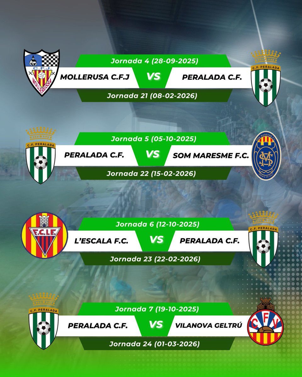 CFPeralada's tweet image. 🗓️ 𝗖𝗮𝗹𝗲𝗻𝗱𝗮𝗿𝗶 𝗹𝗹𝗶𝗴𝗮 𝟮𝟱/𝟮𝟲

🏠 Debut a casa: @cfbadalonasad 
🫡 Última jornada: @Montanyesa1927 a casa.
💪 Som-hi equip!

@Perelada, @peraladamasmarc, @decoasports 🙌

#3aRFEF #CFPeralada #Temporada2526 #OrgullXampanyer 💚⚔️